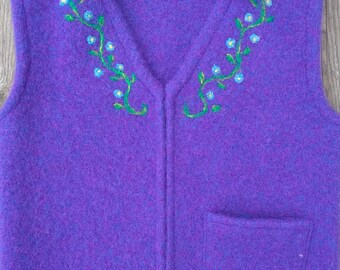 Violet Purple Felted Wool Child's Vest, size 4-6 (3-5 years), with Needle-felted Vining Flowers Along Neckline.