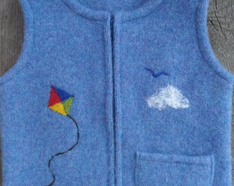 Cornflower Blue Felted Wool Child's Vest, size 2-3 (9-18months) with Needlefelted Kite, Cloud, and Bird and useful pocket.