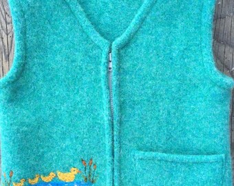 Seagreen Felted Wool Child's Vest,  size 2-4 (18 months-3 years), with Needle-felted Ducks Swimming.