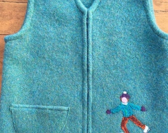 Woodsmoke, greenish blue, Felted Child's Vest, size 6-8 (5-8 years), with Needle-Felted  Skater Motif