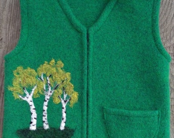 Spruce Green Felted Wool Child's Vest,  size 2-4 (18 months-3 years), with Needle-felted Birch Trees.