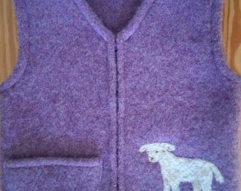 Periwinkle Purple Felted Wool Child's Vest,  size 2-4 (18 months-3 years), with a Needle-felted Sweet Lamb.