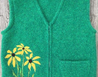 Spruce Green Felted Wool Child's Vest, size 4-6 (3-5 years), with Needle-felted Black Eyed Susan Flowers.