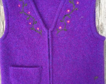 Violet Purple Felted Wool Child's Vest, size 4-6 (3-5 years), with Needle-felted Floral Vine Along Neckline.