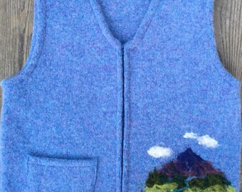Cornflower Blue Felted Child's Vest, size 6-8 (5-8 years), with Needle-Felted Beautiful Mountain.