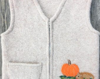 Sand Felted Wool Child's Vest,  size 2-4 (18 months-3 years), with a Needle-felted Pumpkin and Mouse.