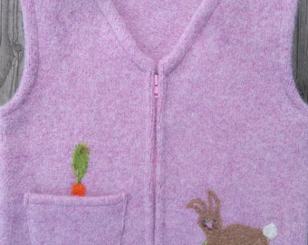 Water Lily Pink Felted Wool Child's Vest,  size 2-4 (18 months-3 years), with Needle-felted Bunny and Carrot in the Pocket.