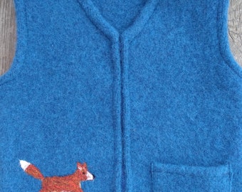 Cobalt Blue Felted Wool Child's Vest,  size 2-4 (18 months-3 years), with Needle-felted Running Fox.