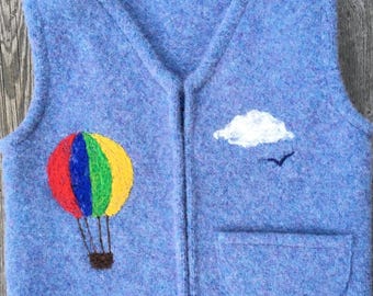 Cornflower Blue Felted Wool Child's Vest,  size 2-4 (18 months-3 years), with Needle-felted Hot air Balloon.