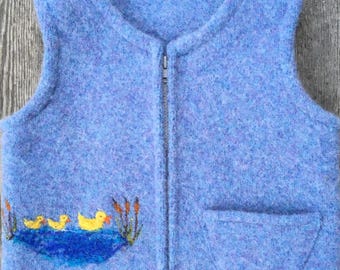 Cornflower Blue Felted Wool Child's Vest, size 2-3 (9-18months) with Needle-felted Ducks and useful pocket.