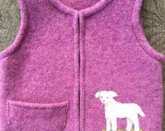 Aster Pink Felted Wool Child's Vest, size 2-3 (9-18months) with Needle-felted Sweet Lamb.