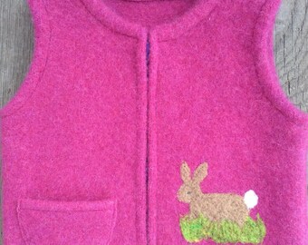 Raspberry  Felted Wool Child's Vest, size 2-3 (9-18months) with Needlefelted Bunny Motif  and Useful Pocket.