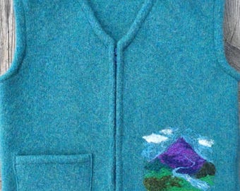 Woodsmoke Blue- Green Felted Wool Child's Vest, size 4-6 (3-5 years), with Needle-felted Mountain and Stream.