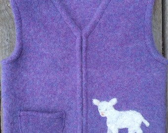 Periwinkle Felted Wool Child's Vest,  size 2-4 (18 months-3 years), with Needle-felted Sweet Lamb.