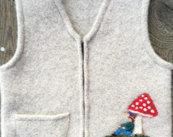 Oatmeal Felted Child's Vest, size 6-8 (5-8 years), with Needle-Felted  Woodland Elf Sitting Under a Toadstool.