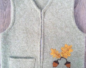Jade Green Felted Child's Vest, size 6-8 (5-8 years), with Needle-Felted  Acorns and Oak Leaves.