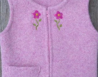 Water Lily Pink  Felted Wool Child's Vest, size 2-3 (9-18months) with Needlefelted Fuchsia Blossoms at Neck and Useful Pocket.