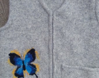 Light gray Felted Wool Child's Vest,  size 2-4 (18 months-3 years), with Needle-felted Stunning Blue Butterfly.