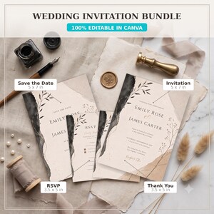 May include: A wedding invitation bundle featuring a Save the Date, RSVP, Invitation, and Thank You card with black watercolor accents and botanical line art. Includes a wax seal, ink bottle, calligraphy pen, and ribbon on textured paper.