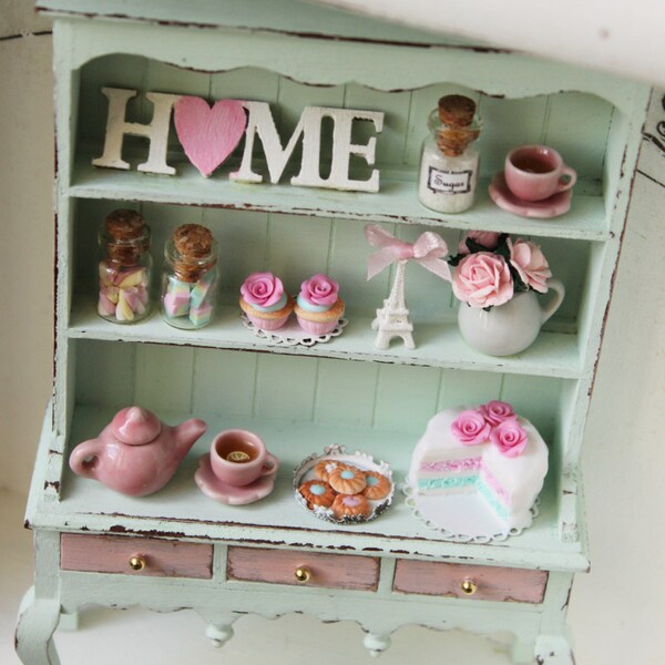 Shabby chic mint Paris cabinet cake,eiffel tower,croissant,roses,cupcakes,biscuits,tea pot-miniature dollhouse12th scale-furniture