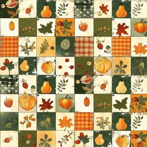 May include: A grid pattern fabric featuring alternating squares of autumn-themed illustrations including orange pumpkins, yellow pears, red maple leaves, green foliage, and orange plaid designs on cream, dark green, and light orange backgrounds.