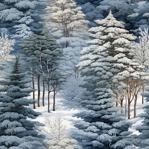 Op de afbeelding: Een naadloos patroon met een dicht winterboslandschap. De scène toont diverse groenblijvende en loofbomen die zwaar bedekt zijn met witte sneeuw, tegen een achtergrond van diepblauwe en grijze tinten voor een koude, besneeuwde sfeer.