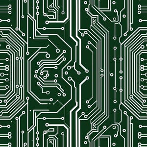 May include: A dark green background featuring a repeating white circuit board pattern. The design consists of intricate lines, pathways, and circular connection points that mimic the layout of an electronic printed circuit board.