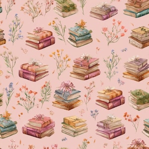 May include: A repeating pattern on a light pink background featuring stacks of books in various colours including red, blue, green, and yellow, interspersed with delicate watercolour illustrations of wildflowers and small floral sprigs.