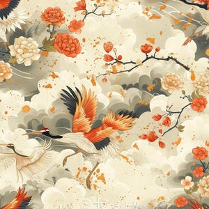 Tessuto con gru orientale - coordinato tradizionale cinese con fiori d'arancio rossi e nuvole in stile vintage asiatico - tessuto di cotone - 4143 -82