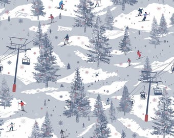 May include: A light gray fabric pattern featuring a winter ski resort scene with dark blue evergreen trees, white snow-covered hills, red and blue skiers in motion, and black chairlifts with hanging seats, accented by small red snowflake motifs.