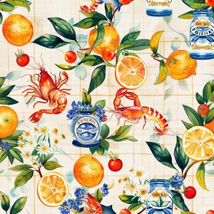 May include: A patterned fabric featuring a repeating illustration of bright orange citrus fruits, green leaves, red tomatoes, white flowers, and orange lobsters. The design includes blue and white jars with text, set against a light grid background.