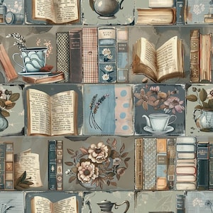 May include: A repeating pattern wallpaper featuring a collection of vintage books, teacups, teapots, and floral arrangements in muted tones of blue, brown, and cream. The design includes open books with visible text, stacked volumes, and botanical illustrations.