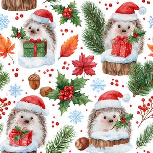 May include: A repeating pattern featuring watercolor illustrations of hedgehogs wearing red Santa hats, holding gift boxes, and sitting on snow-covered tree stumps, surrounded by holly leaves, red berries, pine branches, and snowflakes.