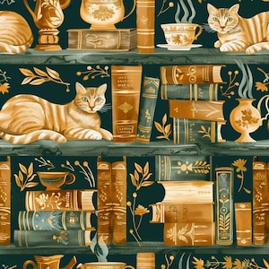 Peut inclure: Un motif répétitif sur fond vert foncé représentant des chats tigrés orange se reposant sur des étagères parmi des piles de livres anciens, des tasses à thé ornées avec de la vapeur et des brindilles botaniques dorées et brunes.