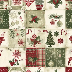 Könnte beinhalten: Ein Stoffmuster mit einem Raster aus Quadraten mit Weihnachtsmotiven, darunter rote Stechpalmenbeeren, grüne Tannenzweige, verzierte Christbaumkugeln, Zuckerstangen, Rentiersilhouetten, Schneeflocken und ein kleiner Tannenbaum auf cremefarbenem Grund.