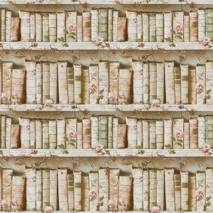 May include: A repeating wallpaper pattern featuring rows of bookshelves filled with antique books in neutral tones of beige, cream, and soft green. Delicate climbing vines with small pink flowers are draped across the shelves.