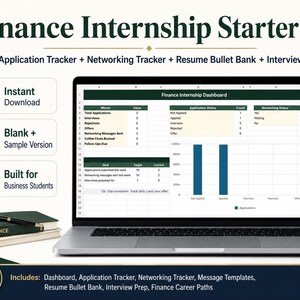 May include: A Finance Internship Starter Kit digital product display featuring a laptop screen showing a Finance Internship Dashboard with application and networking trackers, plus icons for instant download, blank and sample versions, and business student tools.