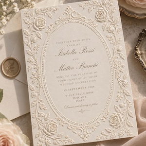 May include: A cream-colored wedding invitation card featuring an embossed oval frame with intricate rose and vine details. The text reads: Together with their families, Isabella Rossi and Matteo Bianchi, request the pleasure of your company at their wedding celebration, 19 September 2026, Villa Delle Rose, Tuscany, Italy, dinner and dancing to follow.