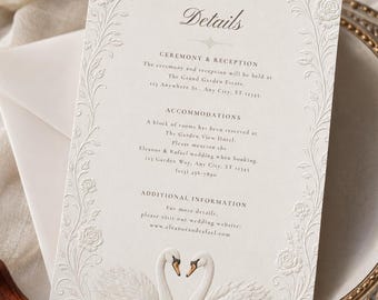 Tarjeta de detalles de boda con elegante cisne (plantilla editable de Canva) / Tarjeta informativa de lujo