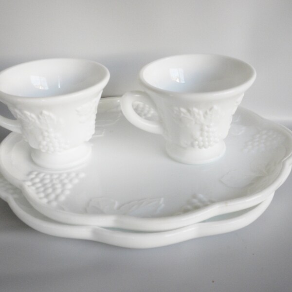 Vintage, 2 sets, Milk Glass Snack Set, Luncheon Set, White Milk Glass, 2 Sets