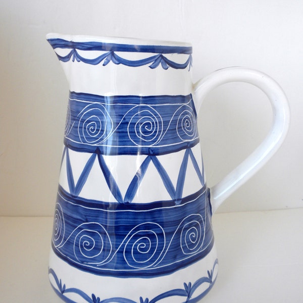 Blue and White Pitcher, Handpainted and Signed by Artist,  Made in Portugal, Blue and White