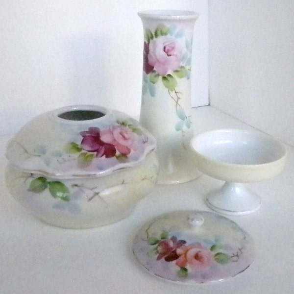 Vintage 3 pc set, Hair receiver, hat pin holder, pin holder, Porcelain in Excellent Condition