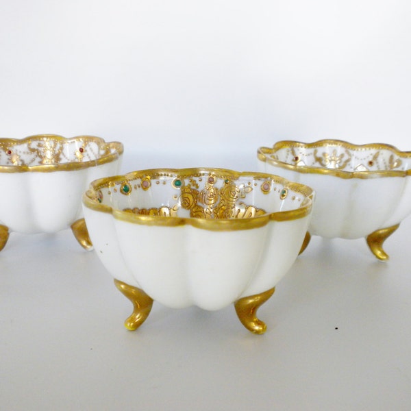 Nippon Gold Guilt Porcelain, White and Gold 3 Salt Cellars Nut or Sauce Dishes, Hand Painted