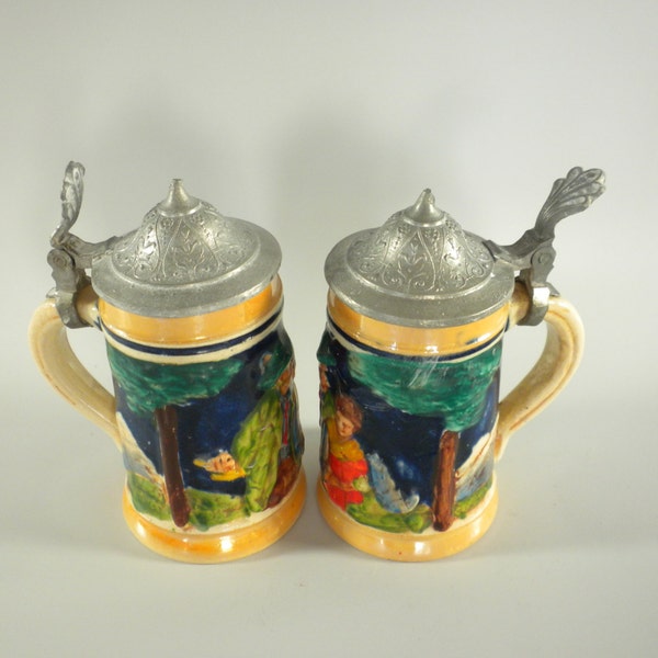 Two Small German Beer Steins, German Beer Stein, Pewter lids