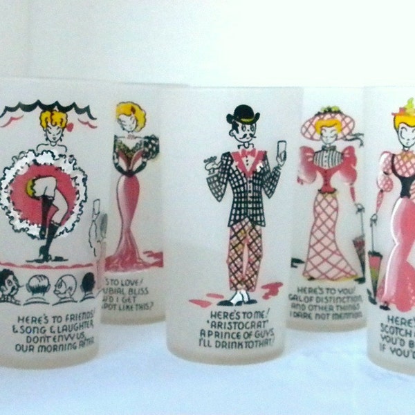 Antique, Tall Glasses, Gay Fad Studios, 1939- 1951, Eight Antique Frosted Glasses with Pictures and Poems