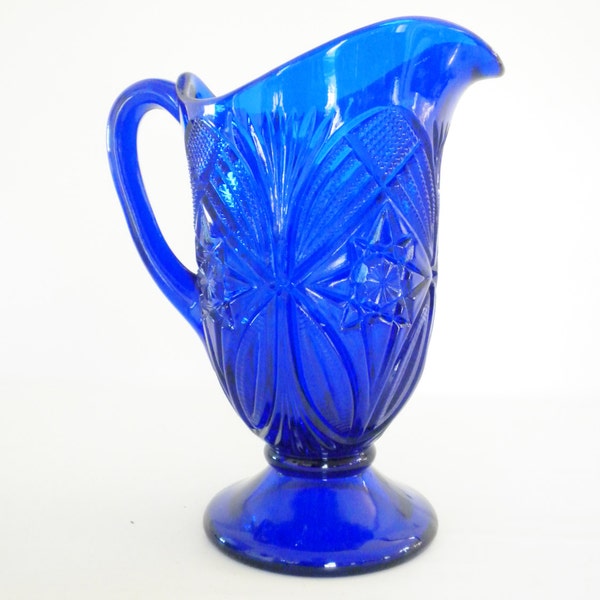 Cobalt Blue Water Pitcher, Vintage, Cut Glass Cobalt Blue Water Pitcher