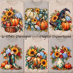 Può includere: Sei design digitali con temi autunnali su felpe di colore chiaro. Le grafiche includono zucche, girasoli, fiocchi blu, un cappello da strega, stivali da pioggia e una brocca, circondati da fiori autunnali. Il testo recita 6 PNG Designs.