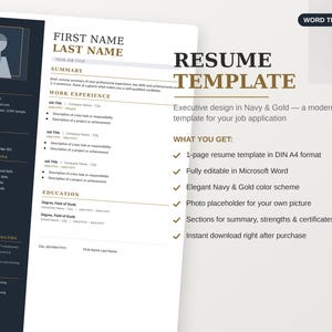Resume Template Word | Modern Executive CV for Men | Navy & Gold Design | Editable | Instant Download