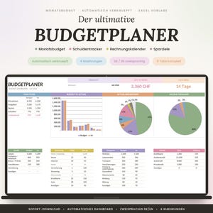 Könnte beinhalten: Eine digitale Budgetplaner-Excel-Vorlage auf einem Laptop-Bildschirm mit einem Dashboard, das Cashflow-Tabellen, Balkendiagramme und Tortendiagramme enthält. Die Benutzeroberfläche umfasst Bereiche für Monatsbudget, Schulden-Tracker und Sparziele.