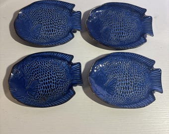 Vtg Lot Of 4 Azure BlueFish Plates Appetizer Trinket Dish Coastal Decor 6”x41/2”